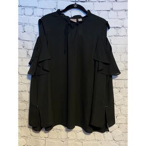 Chico's Size 3 Women's Black Cold Shoulder V Neck Ruffle Tie Neck Shirt